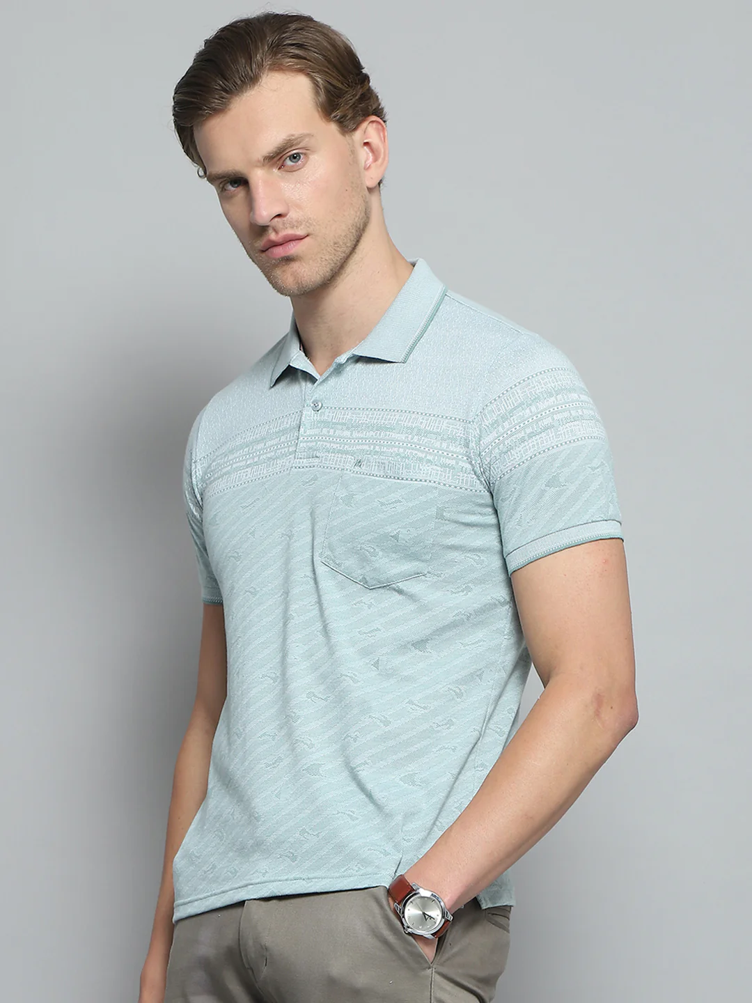 Men Green Stripe Collar Half Sleeve T-Shirt - Image 3