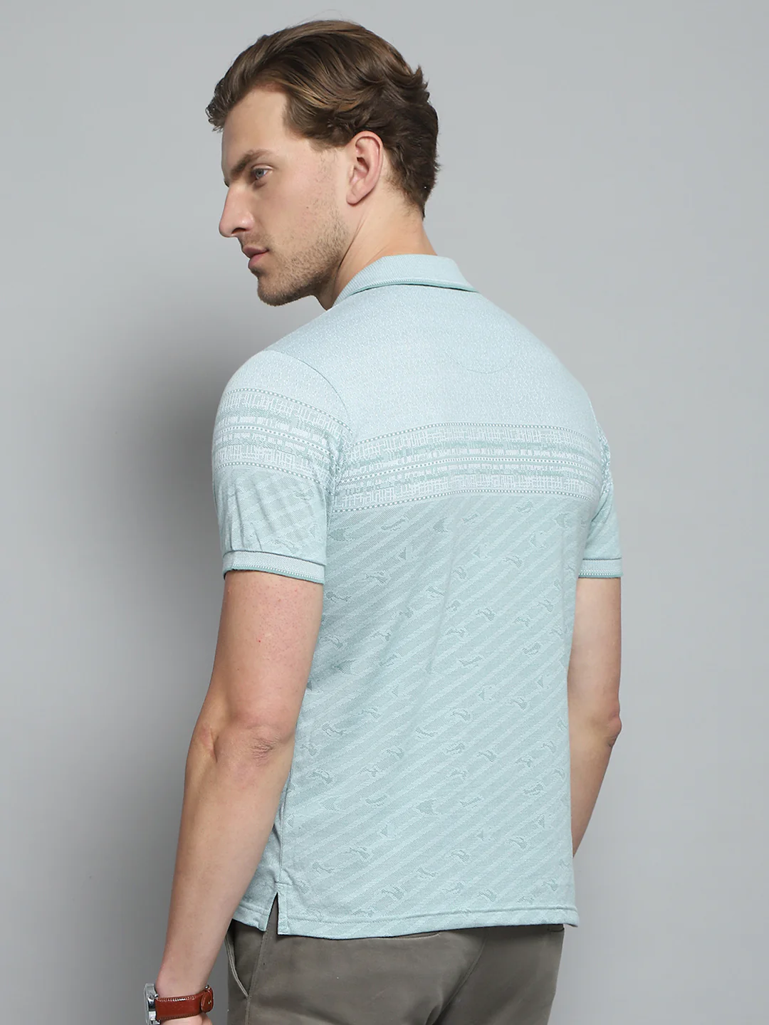 Men Green Stripe Collar Half Sleeve T-Shirt - Image 5