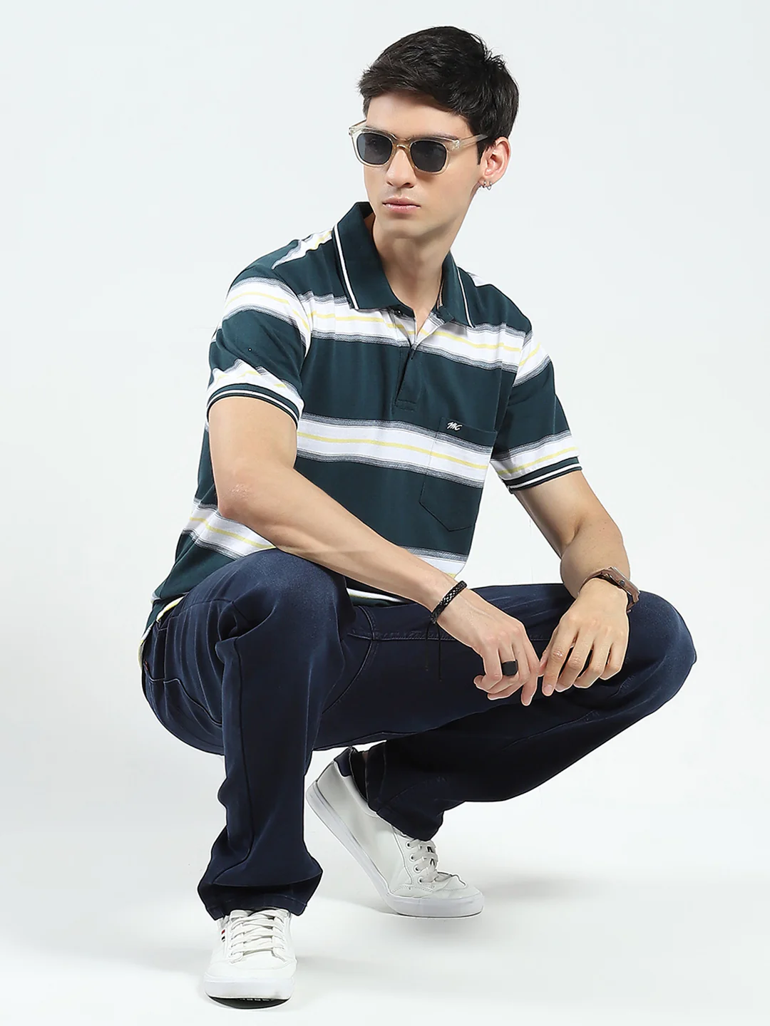 Men Green Stripe Collar Half Sleeve T-Shirt - Image 2