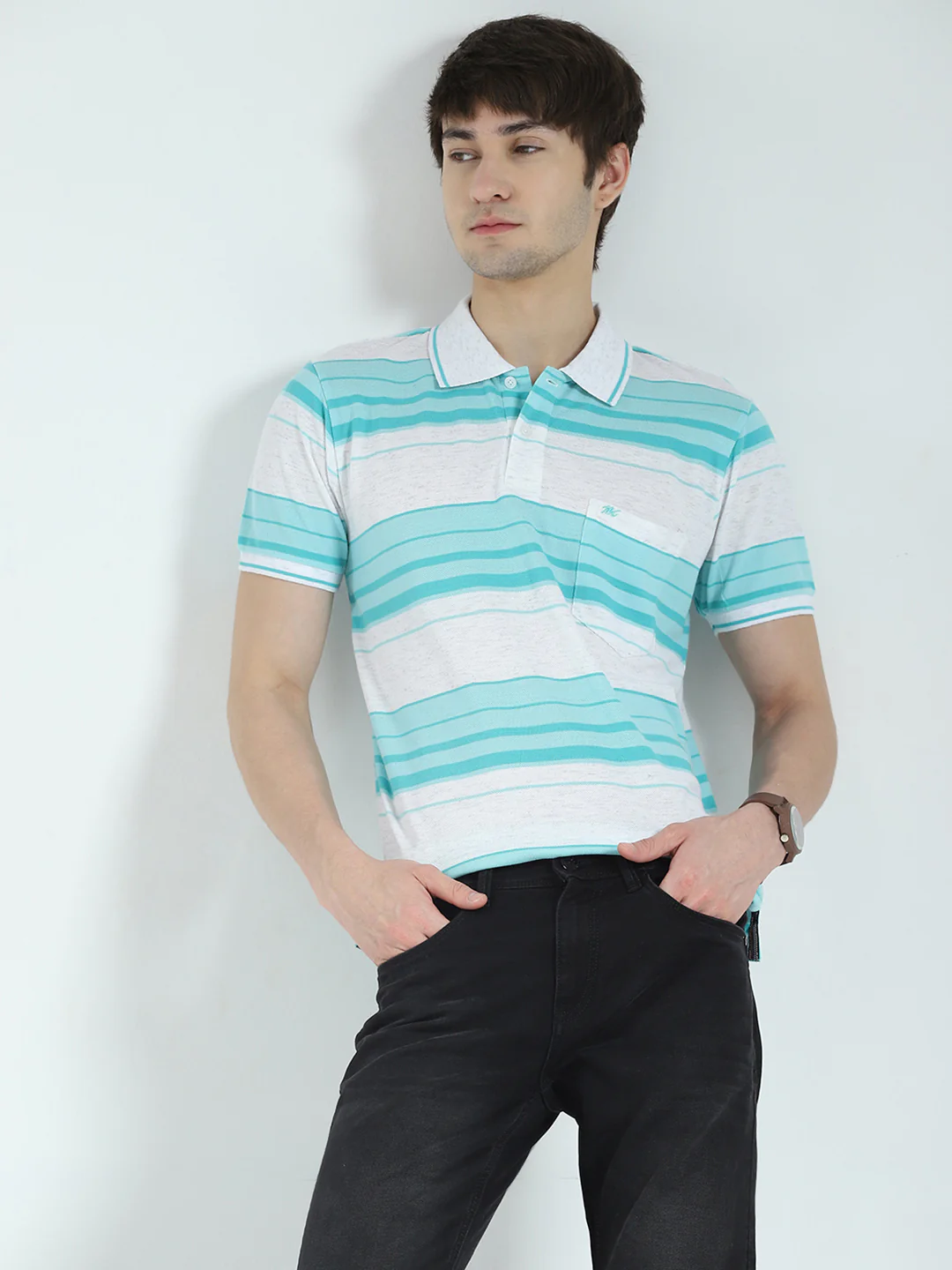 Men Green Stripe Collar Half Sleeve T-Shirt - Image 6