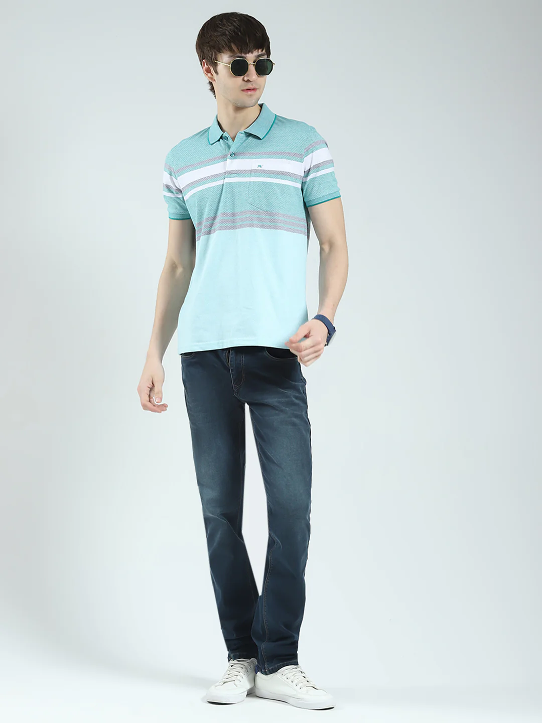 Men Green Stripe Collar Half Sleeve T-Shirt - Image 2