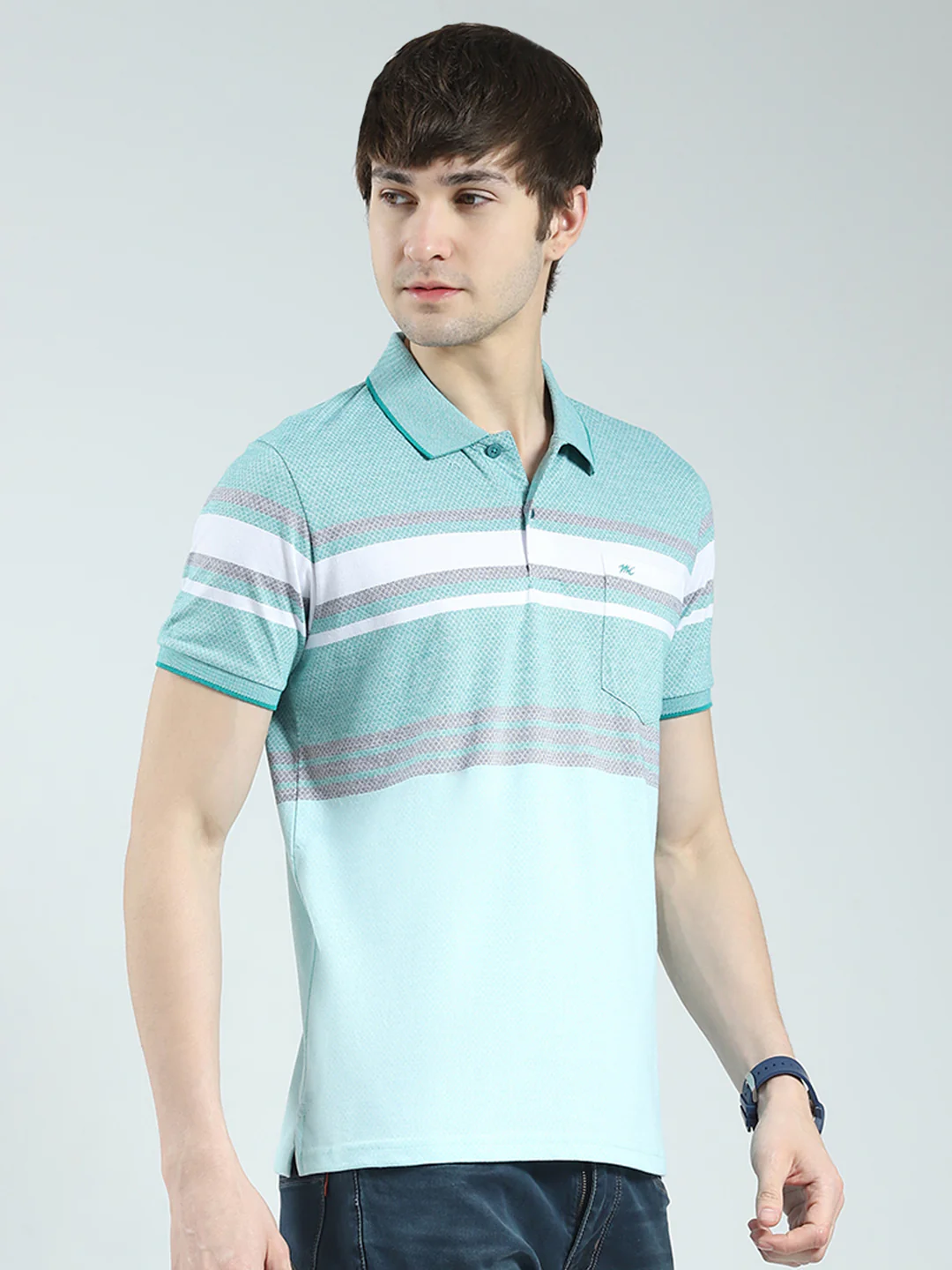 Men Green Stripe Collar Half Sleeve T-Shirt - Image 4