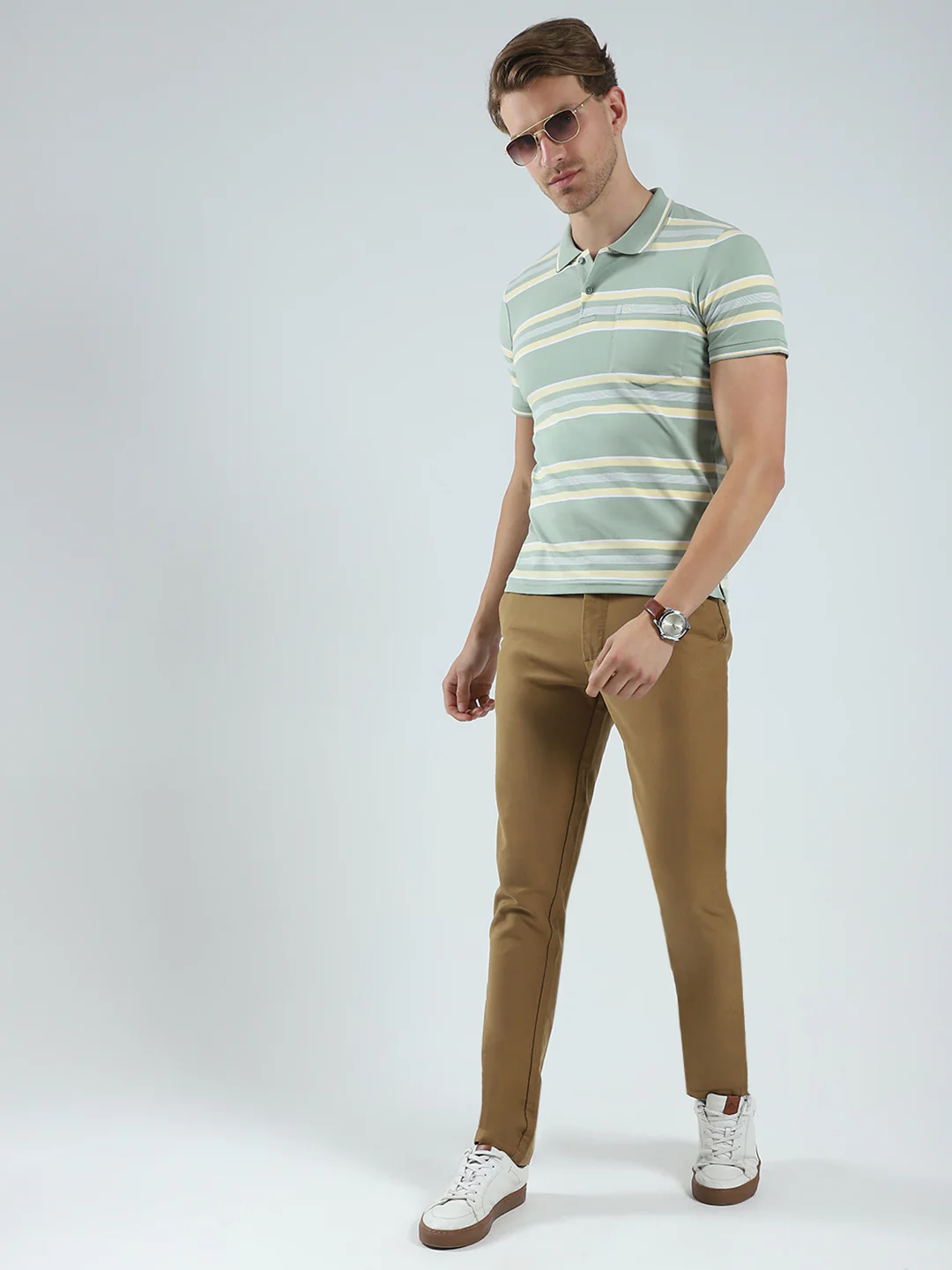 Men Green Stripe Collar Half Sleeve T-Shirt - Image 2