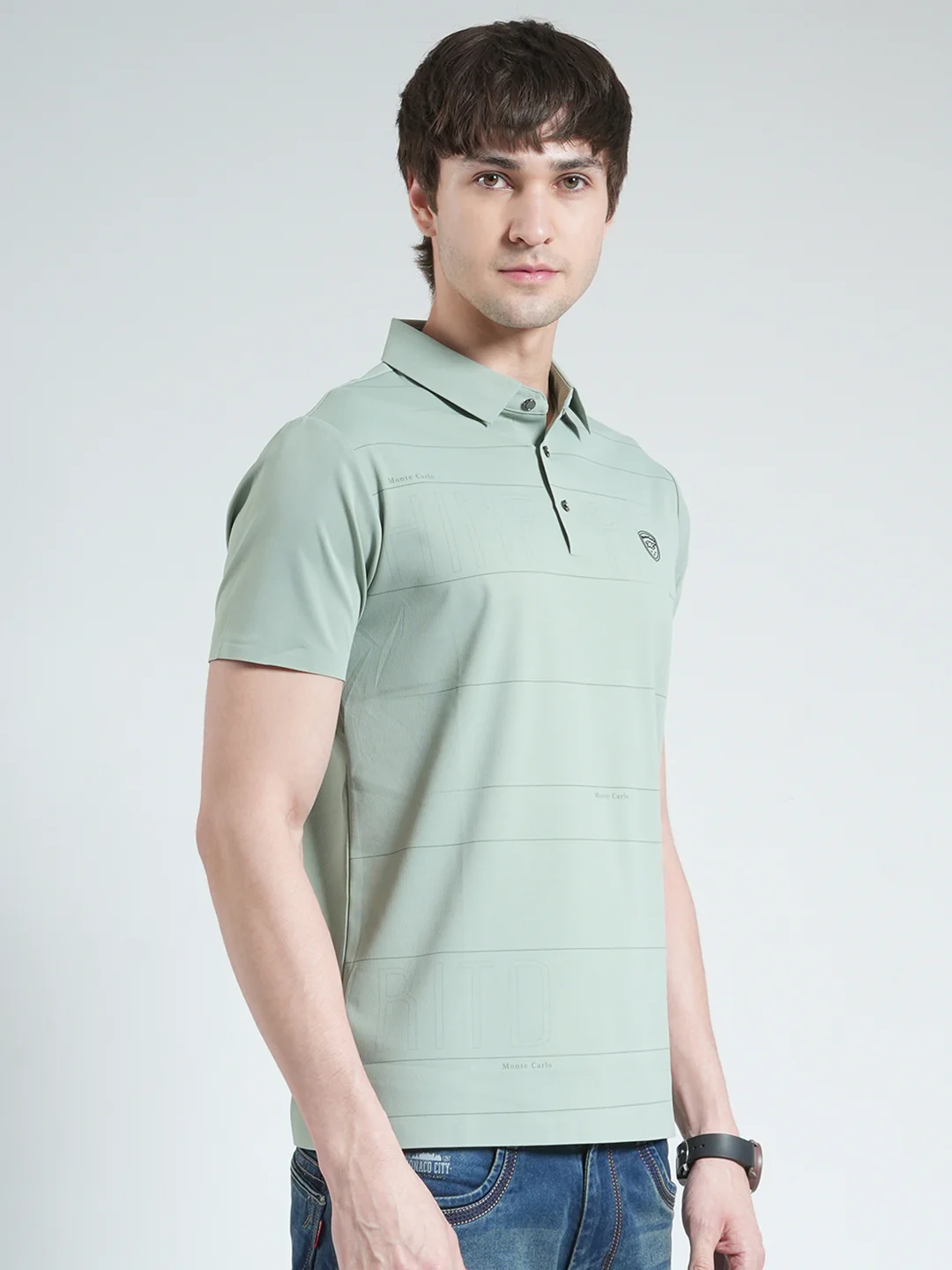 Men Green Stripe Collar Half Sleeve T-Shirt - Image 4