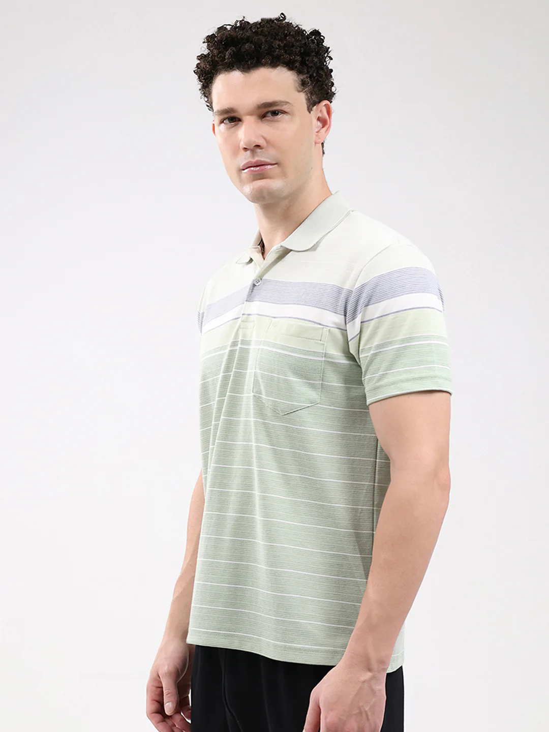 Men Green Stripe Collar Half Sleeve T-Shirt - Image 3