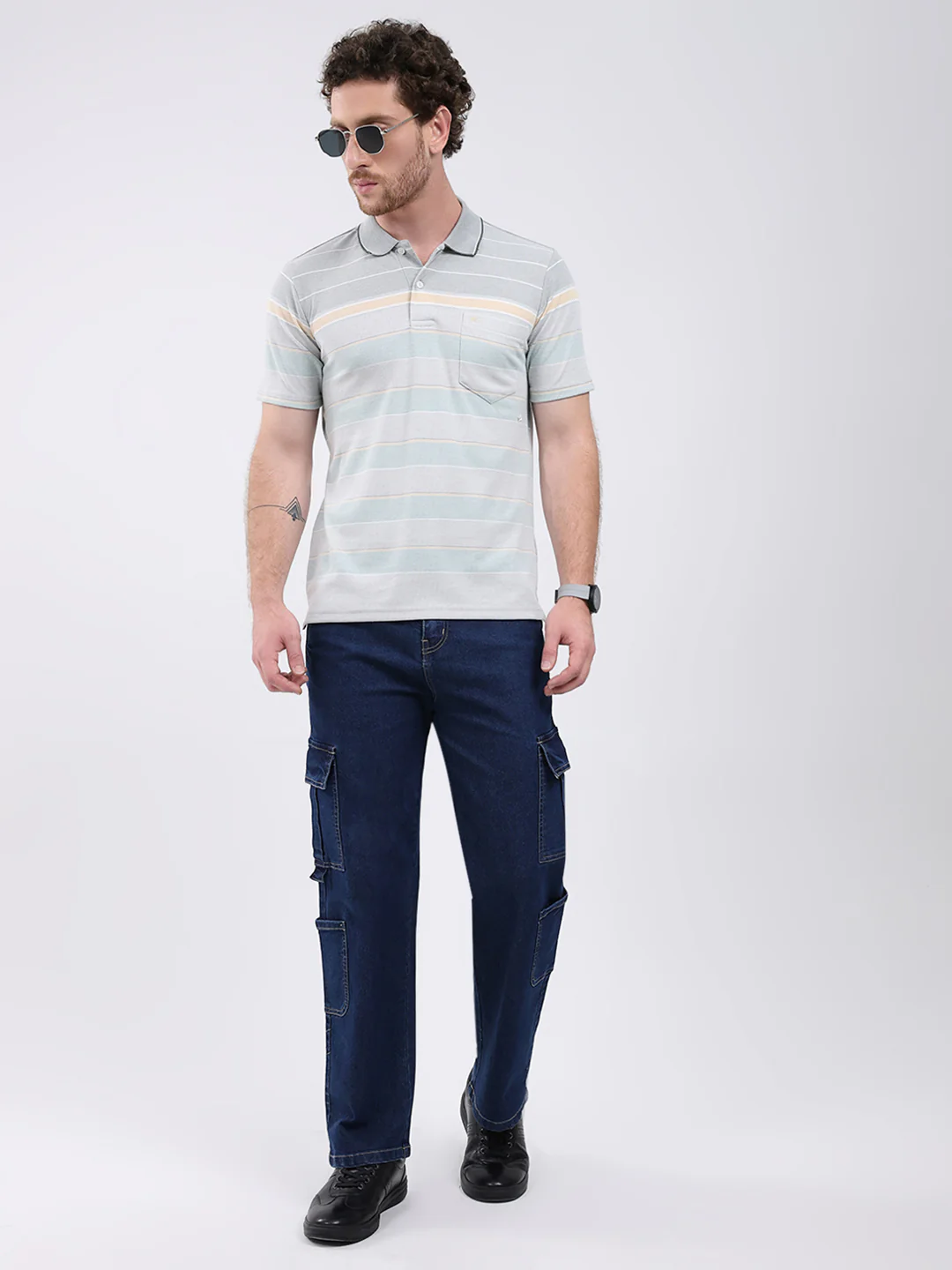 Men Green Stripe Collar Half Sleeve T-Shirt - Image 2