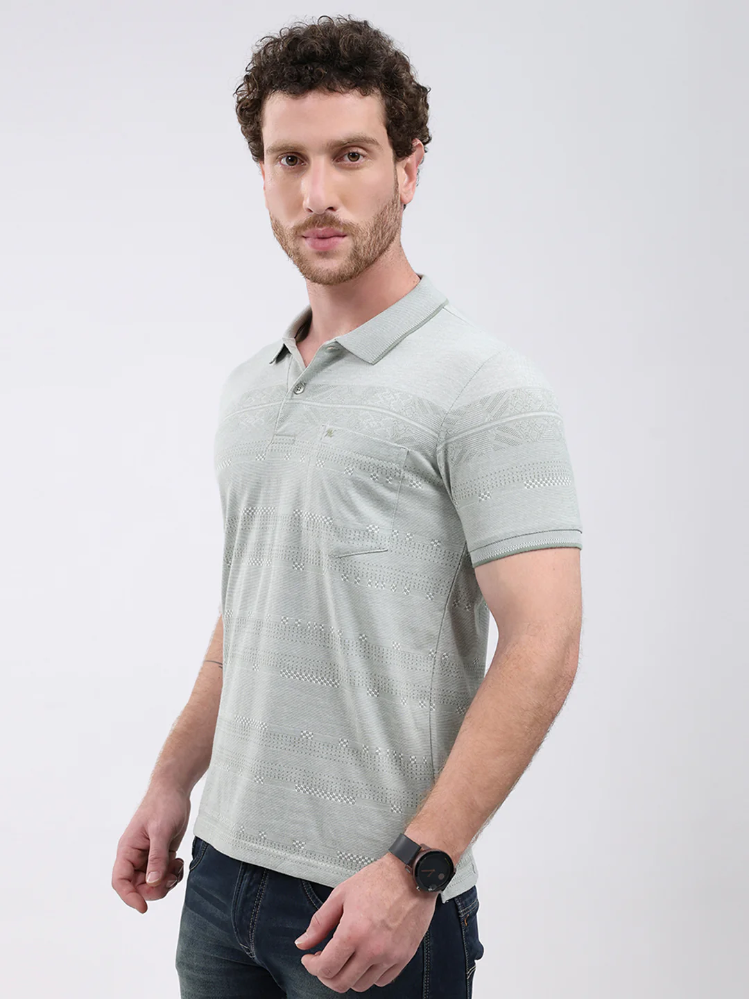 Men Green Stripe Collar Half Sleeve T-Shirt - Image 3