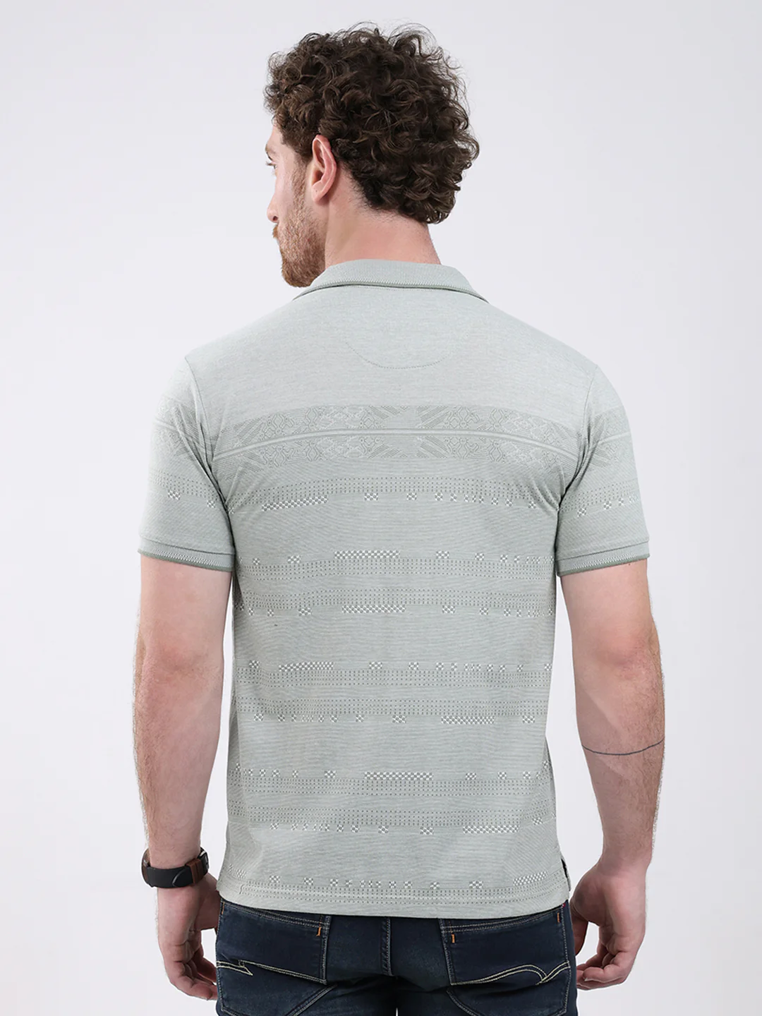 Men Green Stripe Collar Half Sleeve T-Shirt - Image 5