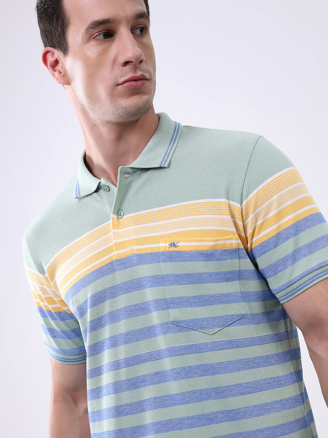 Men Green Stripe Collar Half Sleeve T-Shirt - Image 6