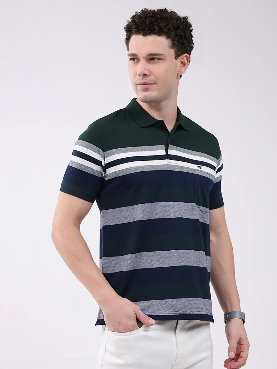 Men Green Stripe Collar Half Sleeve T-Shirt - Image 4