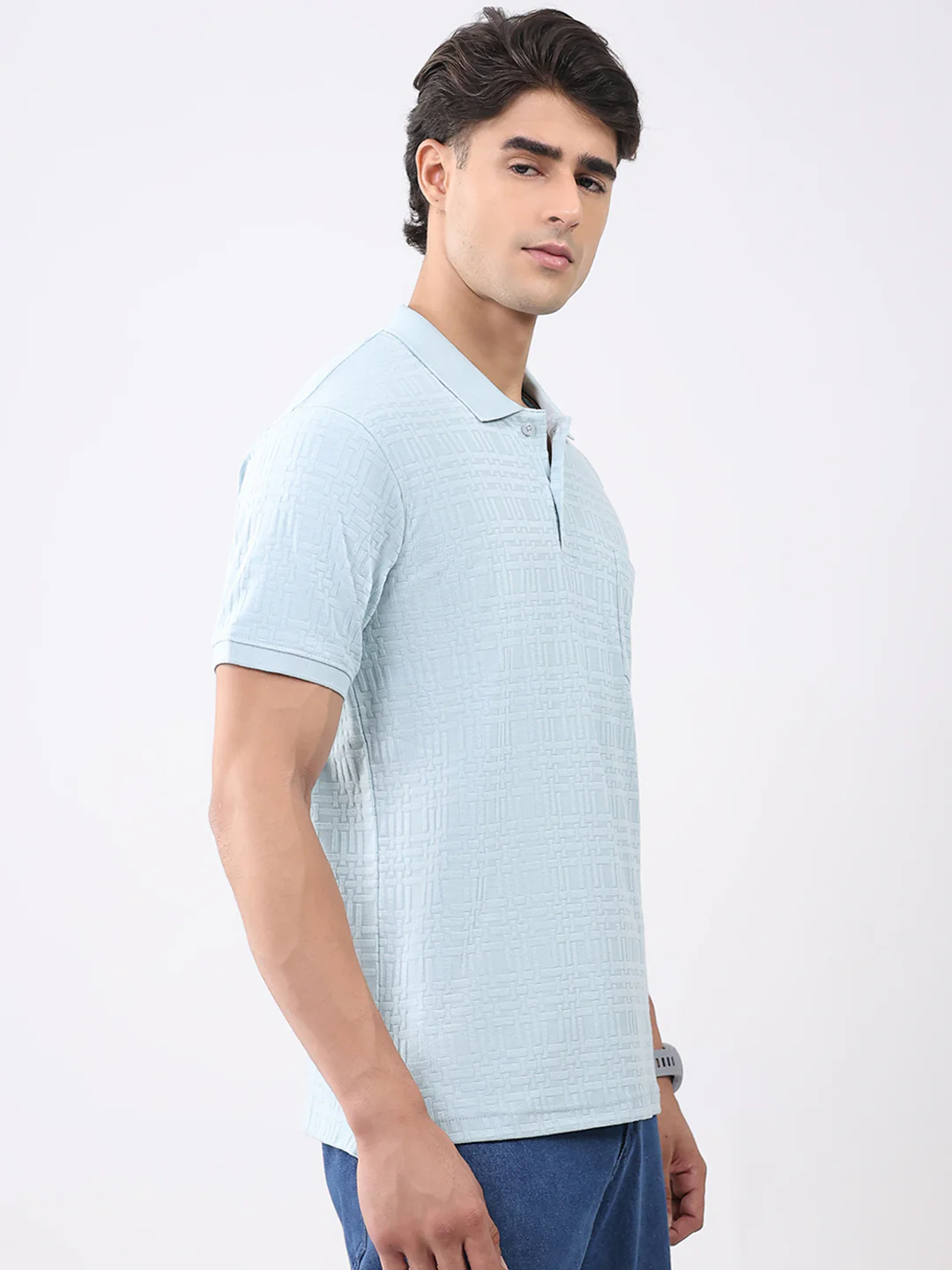 Men Green Stripe Collar Half Sleeve T-Shirt - Image 4