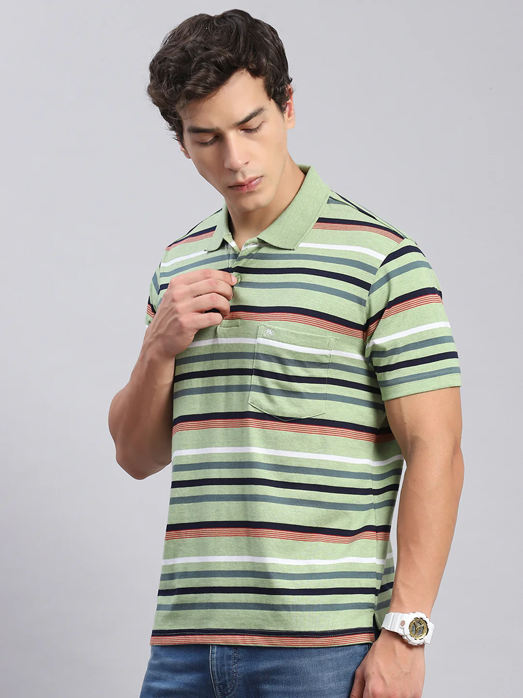 Men Green Stripe Collar Half Sleeve T-Shirts - Image 3