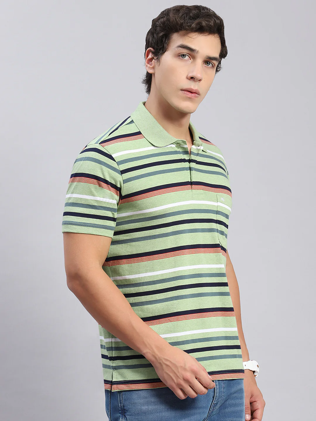 Men Green Stripe Collar Half Sleeve T-Shirts - Image 4