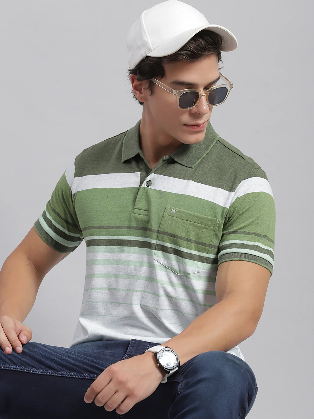 Men Green Stripe Collar Half Sleeve T-Shirts - Image 2
