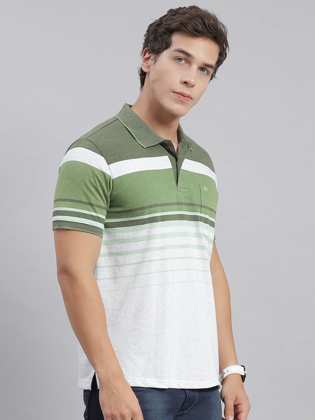 Men Green Stripe Collar Half Sleeve T-Shirts - Image 5