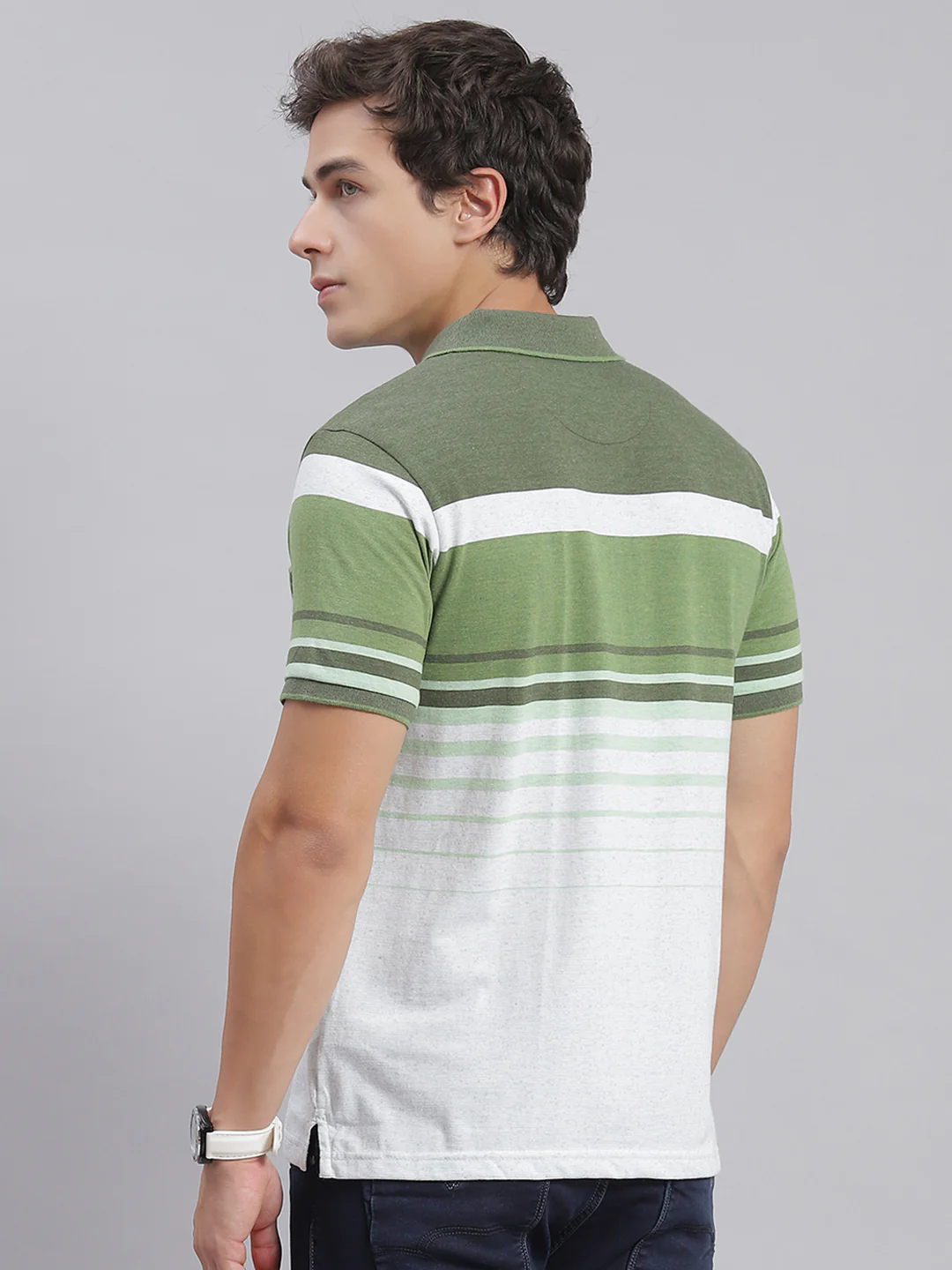Men Green Stripe Collar Half Sleeve T-Shirts - Image 6