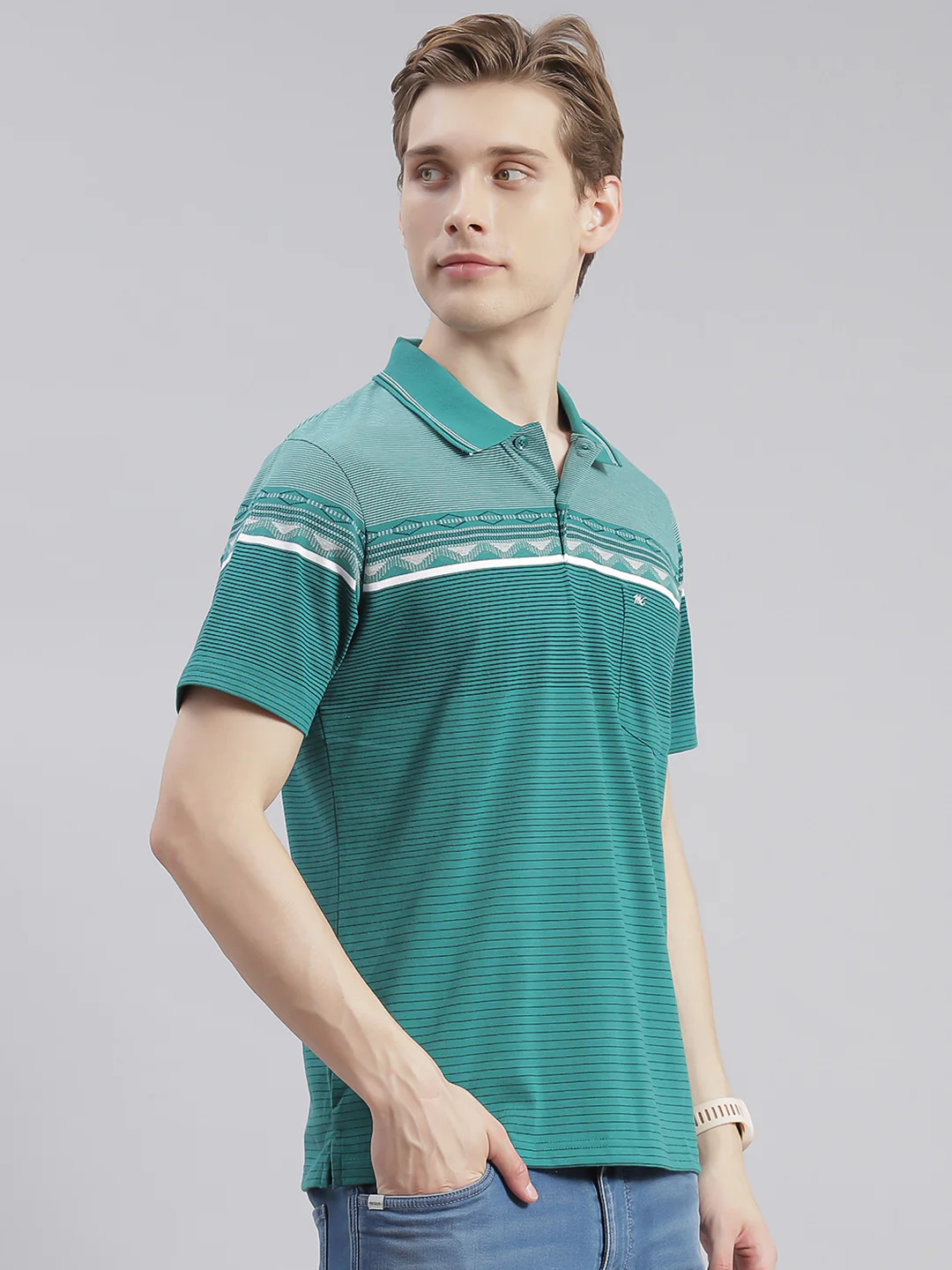 Men Green Stripe Collar Half Sleeve T-Shirts - Image 4