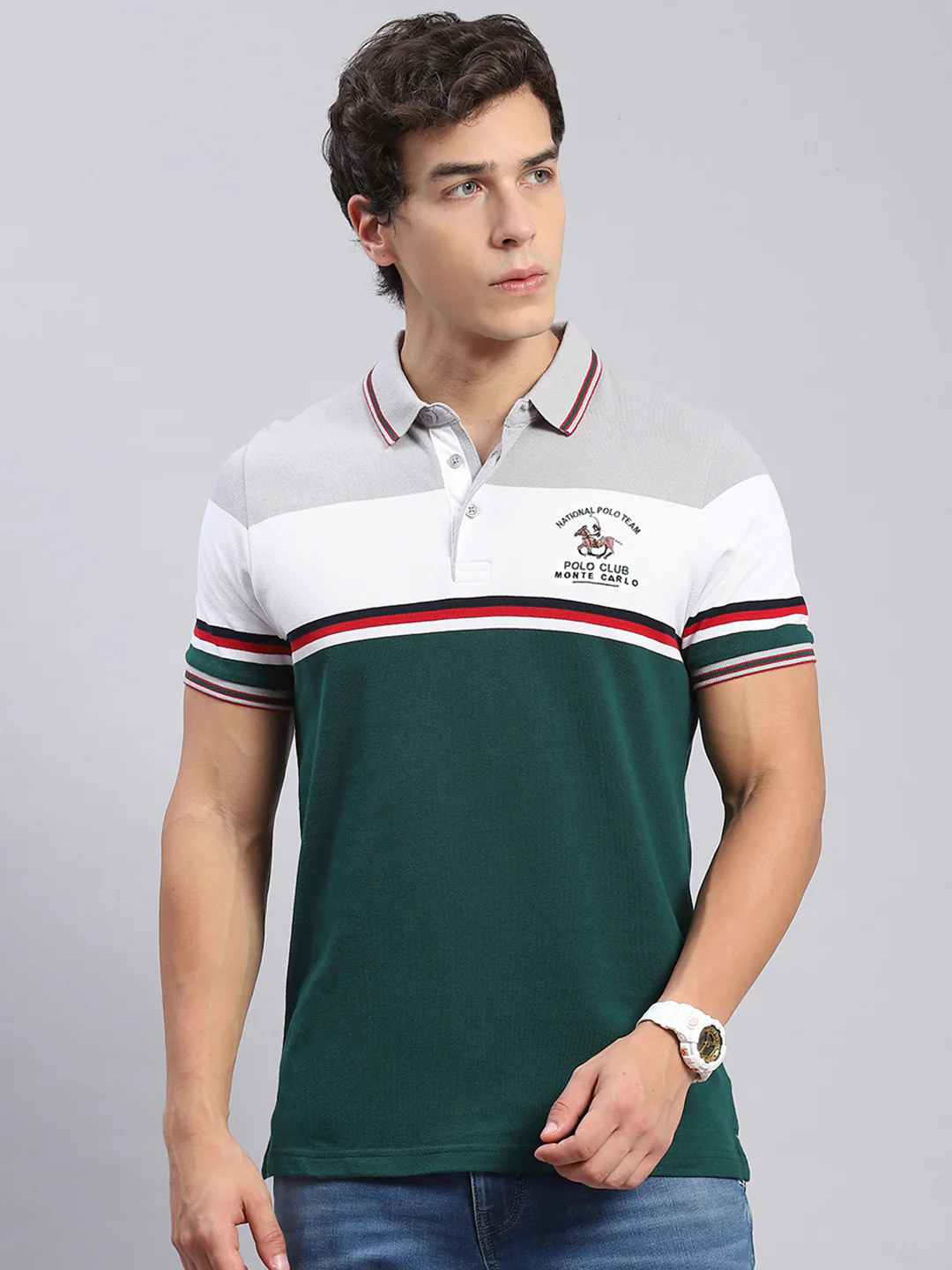 Men Green Stripe Collar Half Sleeve T-Shirts - Image 2