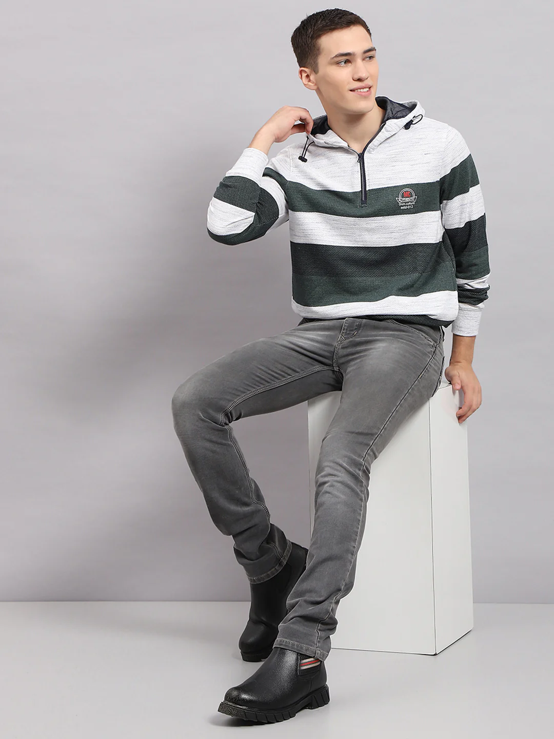Men Green Stripe Hooded Full Sleeve Sweatshirt - Image 5