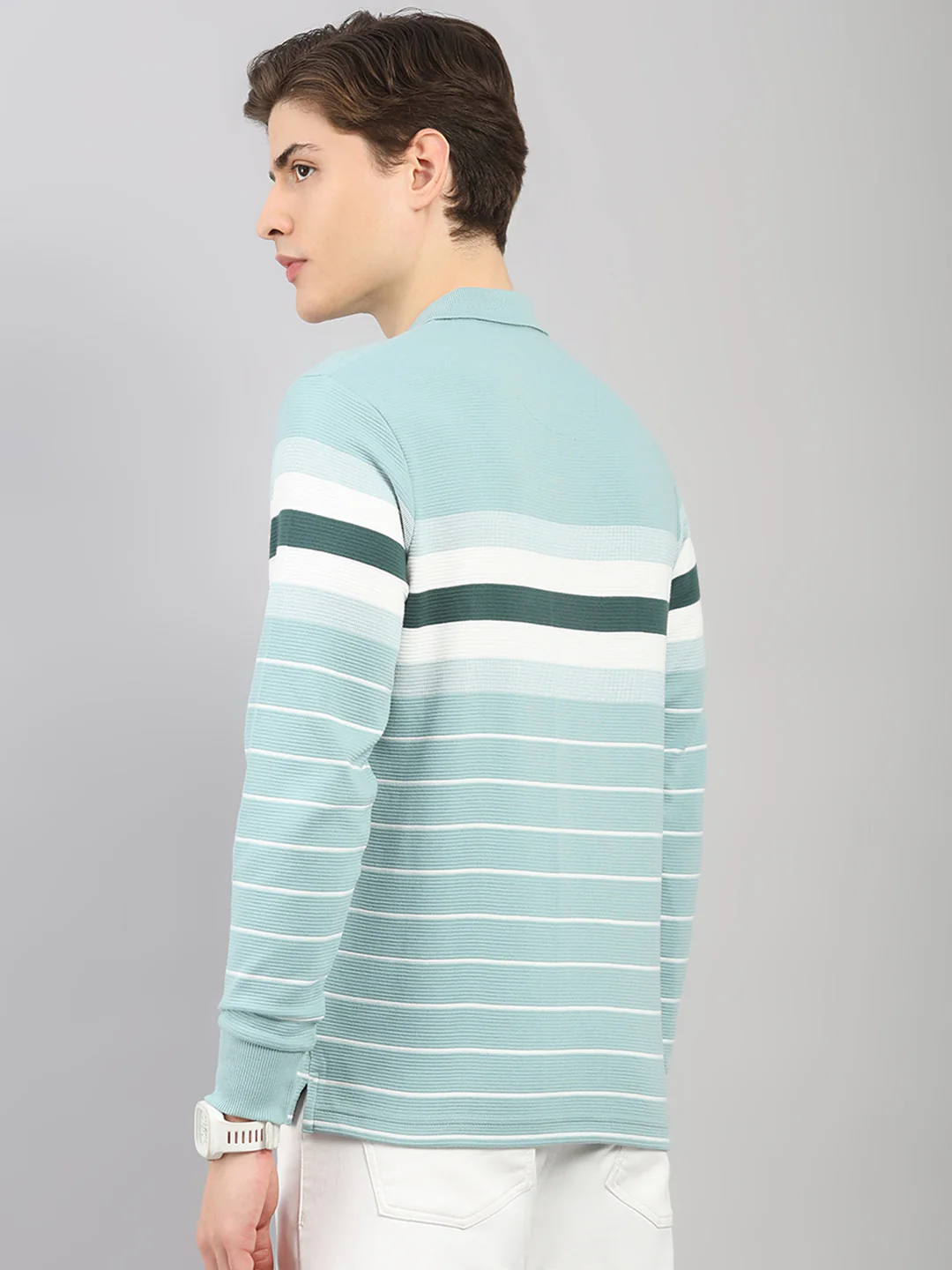 Men Green Stripe Polo Collar Full Sleeve Winter T-Shirt - Image 5