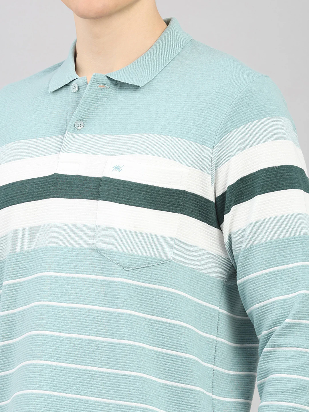 Men Green Stripe Polo Collar Full Sleeve Winter T-Shirt - Image 7