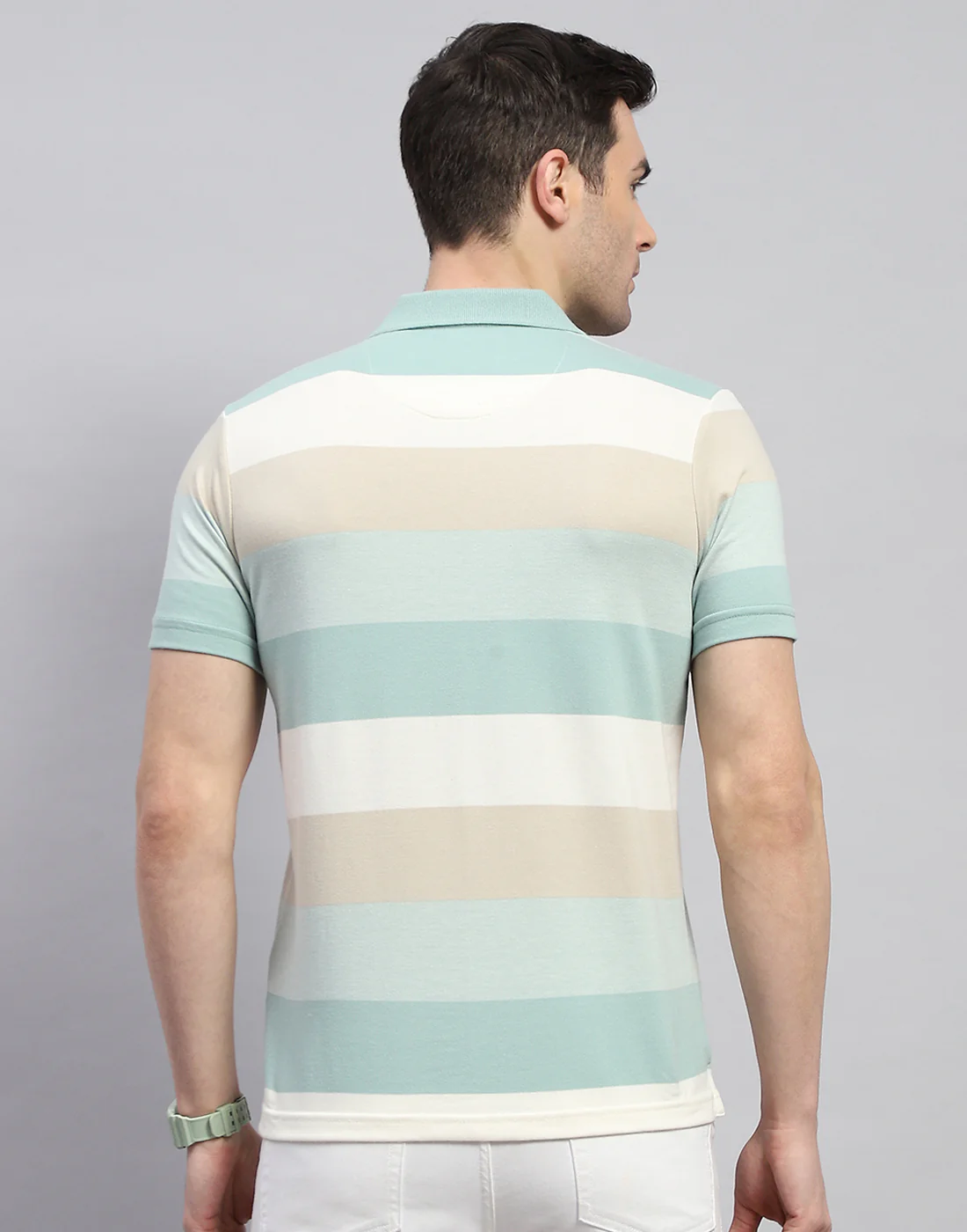 Men Green Stripe Polo Collar Half Sleeve T-Shirt - Image 5