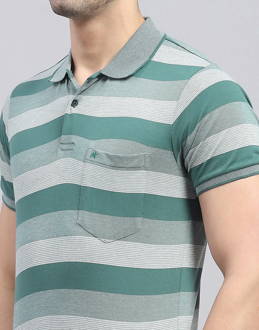 Men Green Stripe Polo Collar Half Sleeve T-Shirt - Image 6