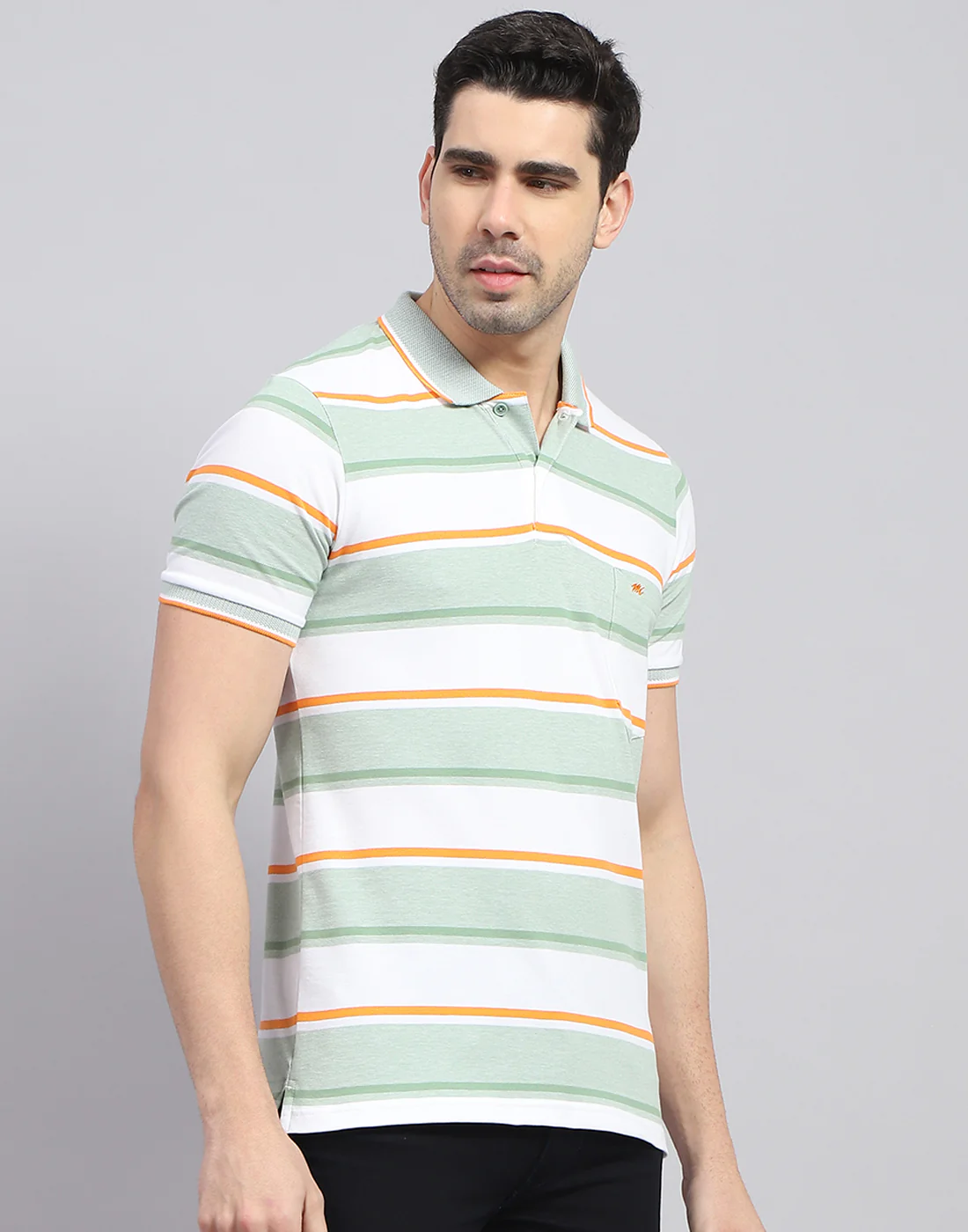 Men Green Stripe Polo Collar Half Sleeve T-Shirt - Image 4