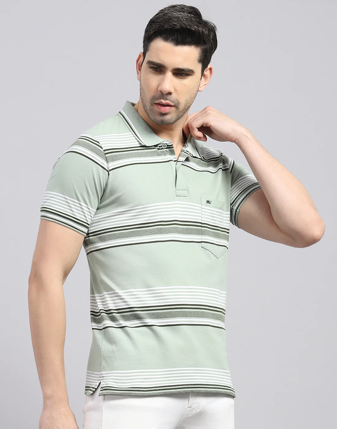 Men Green Stripe Polo Collar Half Sleeve T-Shirt - Image 4