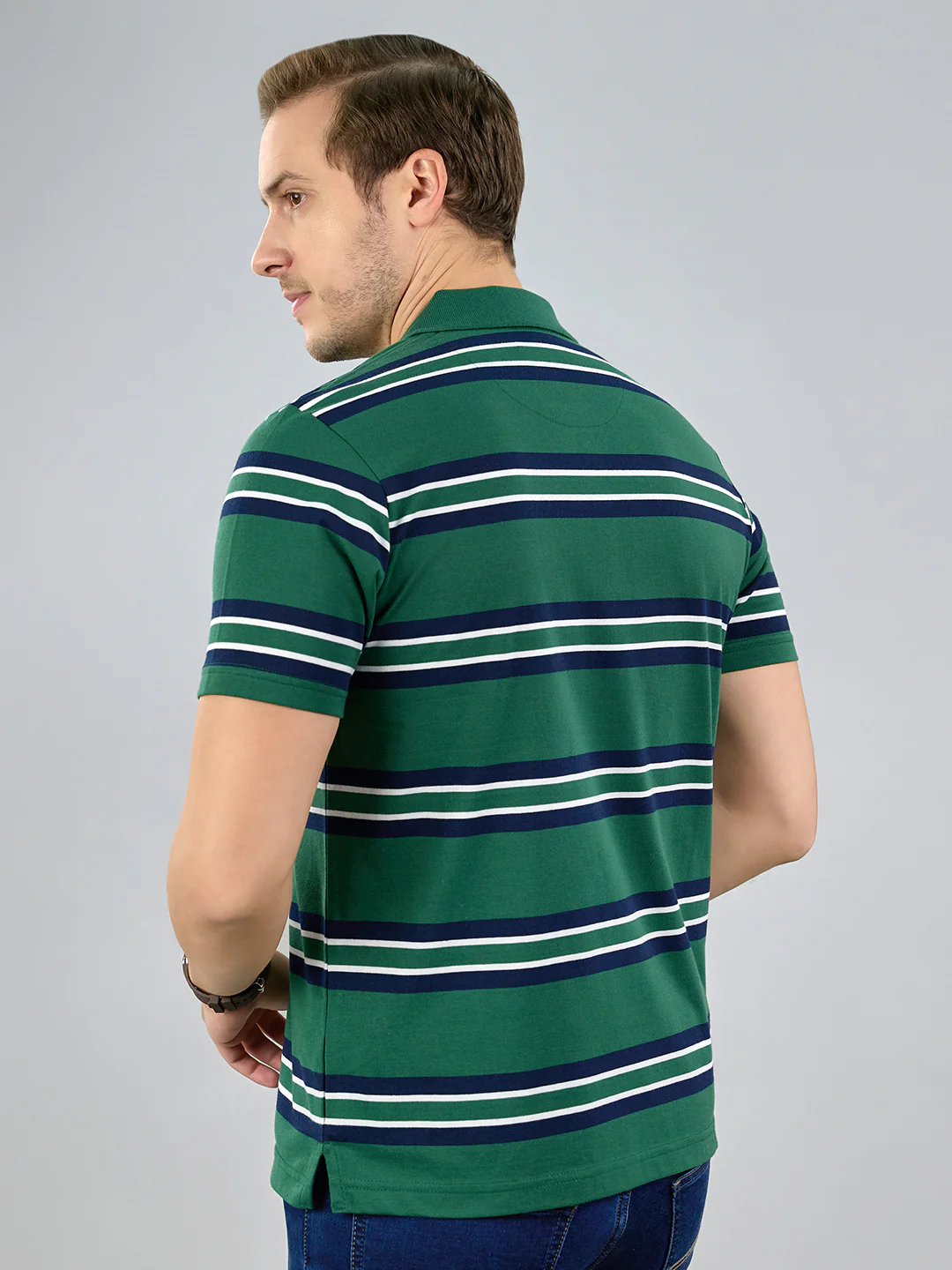 Men Green Stripe Polo Collar Half Sleeve T-Shirt - Image 4