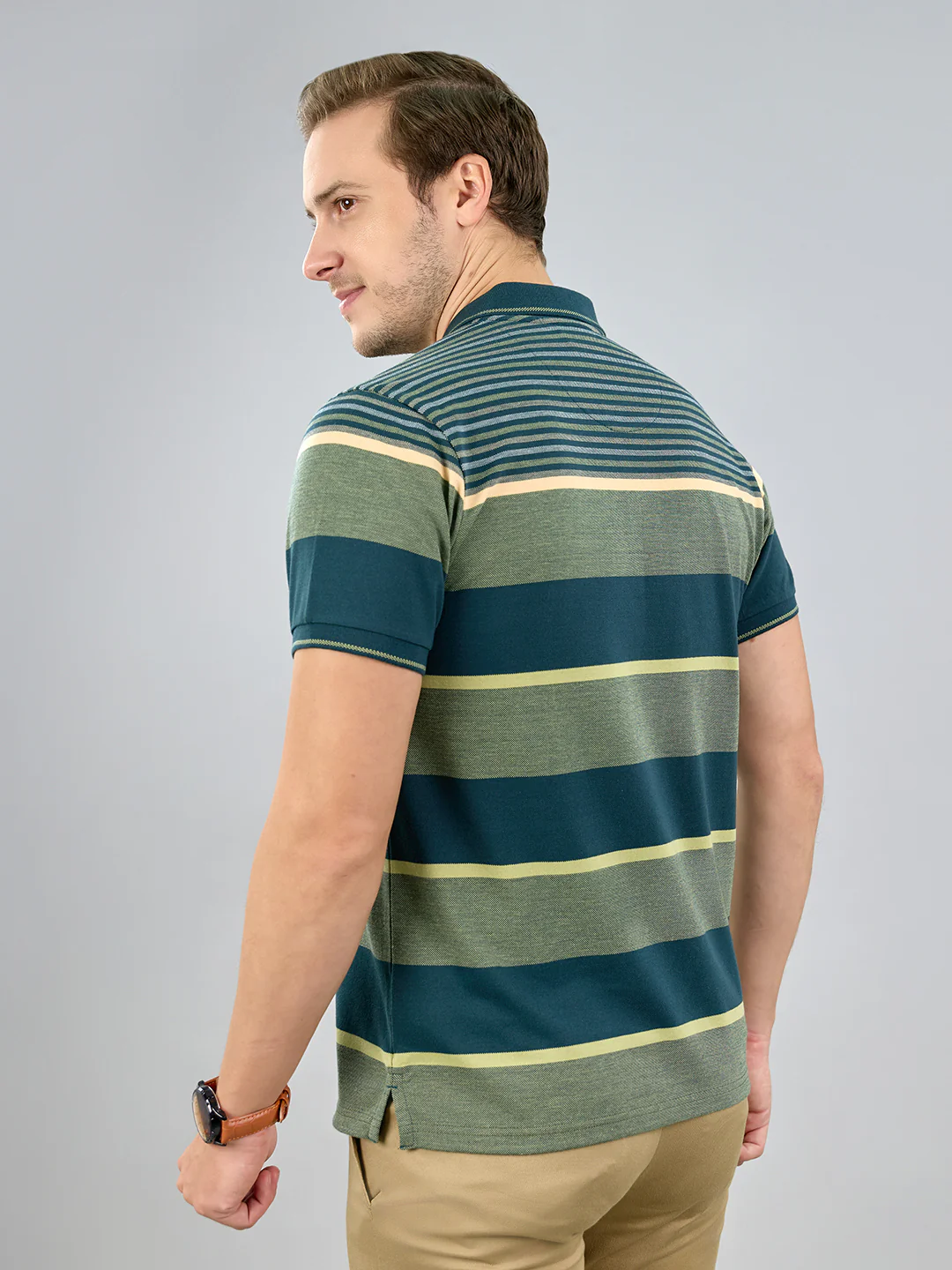 Men Green Stripe Polo Collar Half Sleeve T-Shirt - Image 4