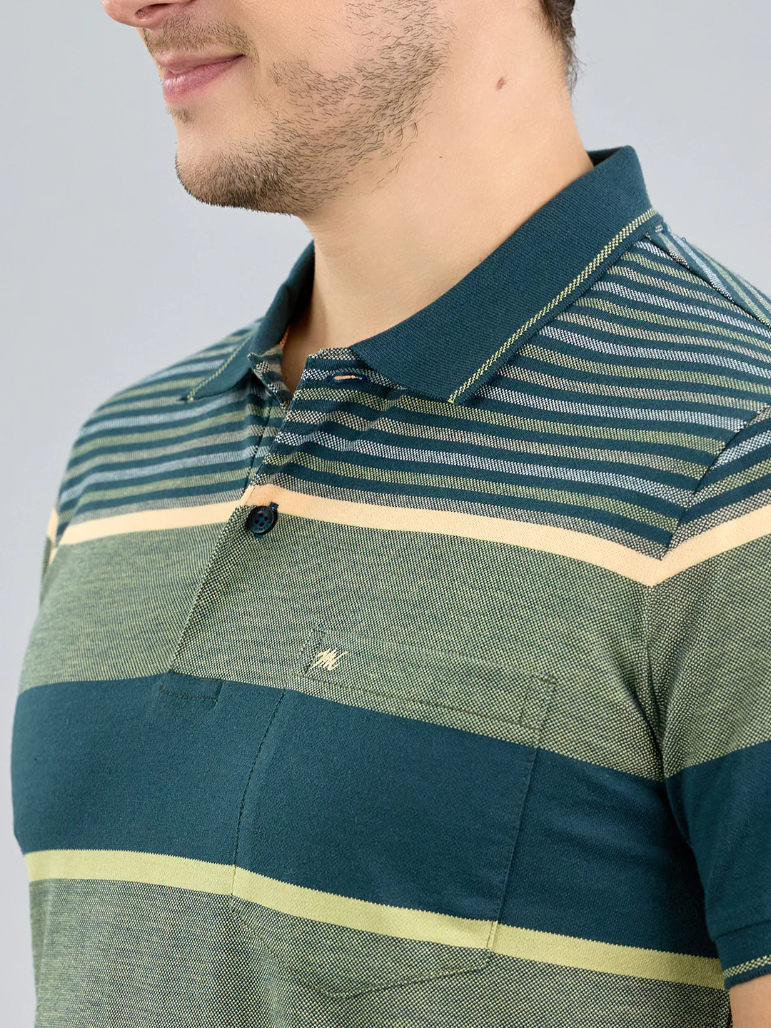 Men Green Stripe Polo Collar Half Sleeve T-Shirt - Image 5