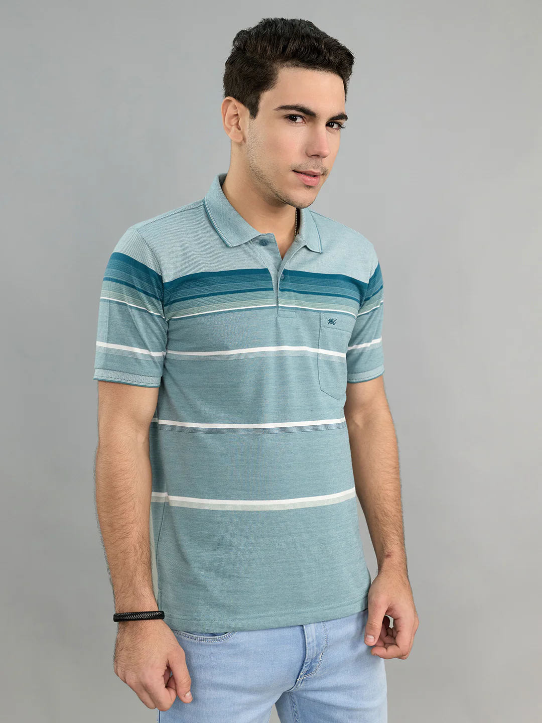 Men Green Stripe Polo Collar Half Sleeve T-Shirt - Image 2