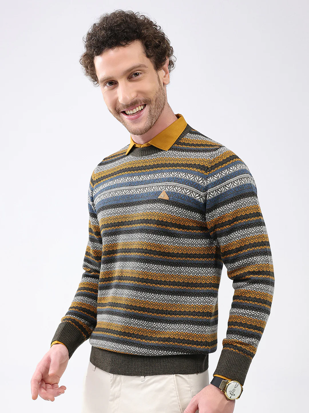 Men Green Stripe Round Neck Full Sleeve Pullover - Image 3