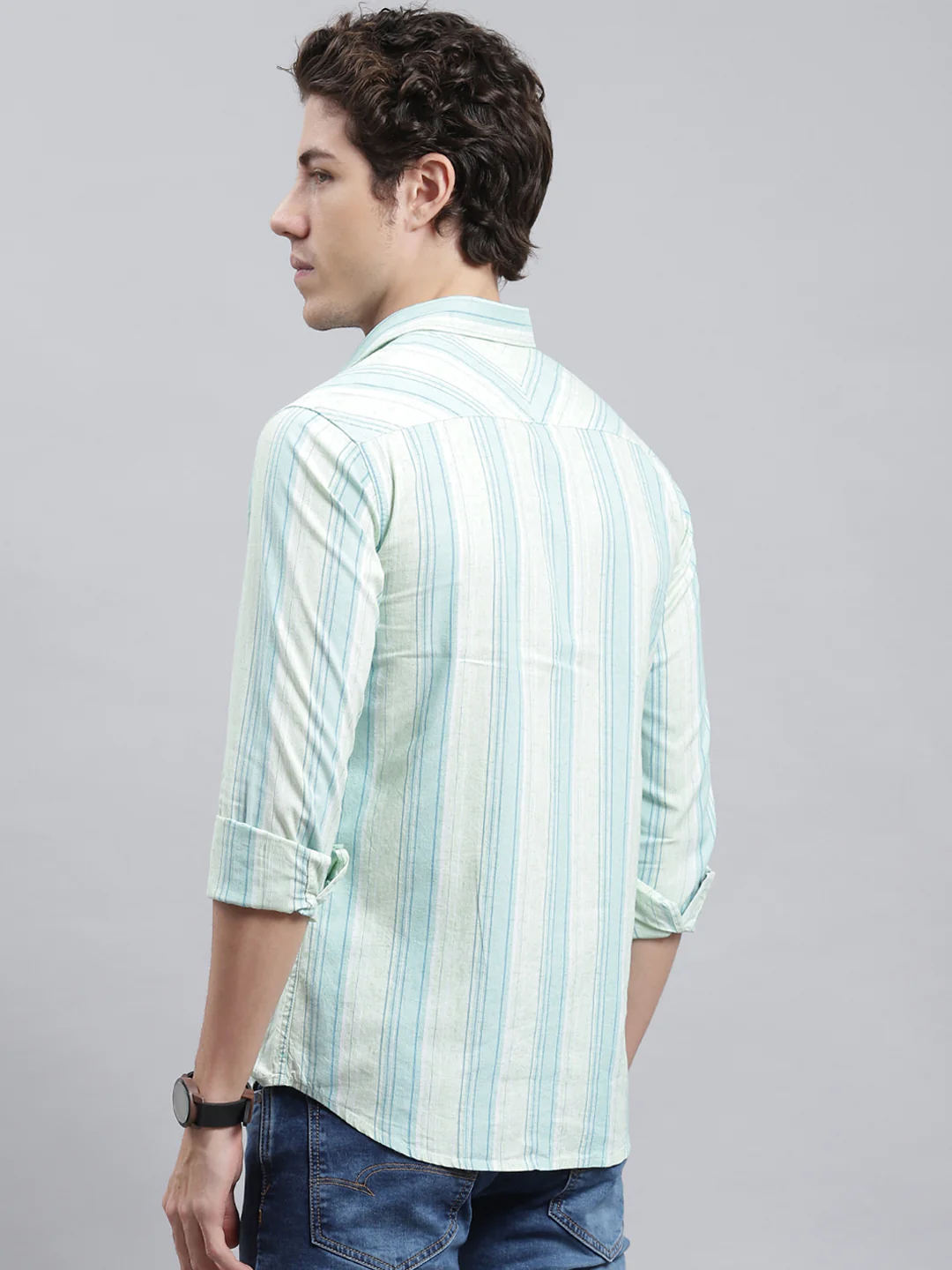 Men Green Stripe Shirt - Image 5
