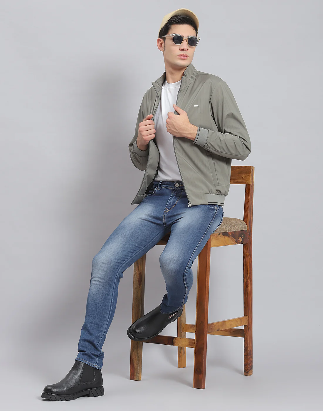Men Green Stripe Stand Collar Full Sleeve Jacket - Image 2
