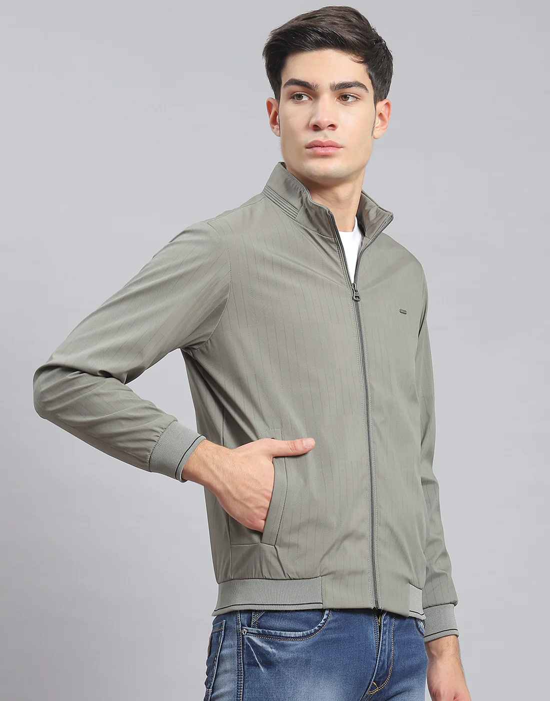 Men Green Stripe Stand Collar Full Sleeve Jacket - Image 4