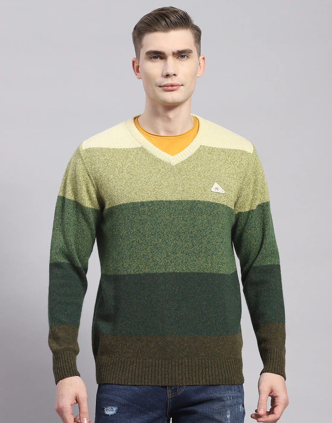 Men Green Stripe V Neck Full Sleeve Pullover - Image 2