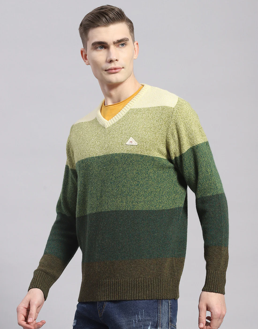 Men Green Stripe V Neck Full Sleeve Pullover - Image 3