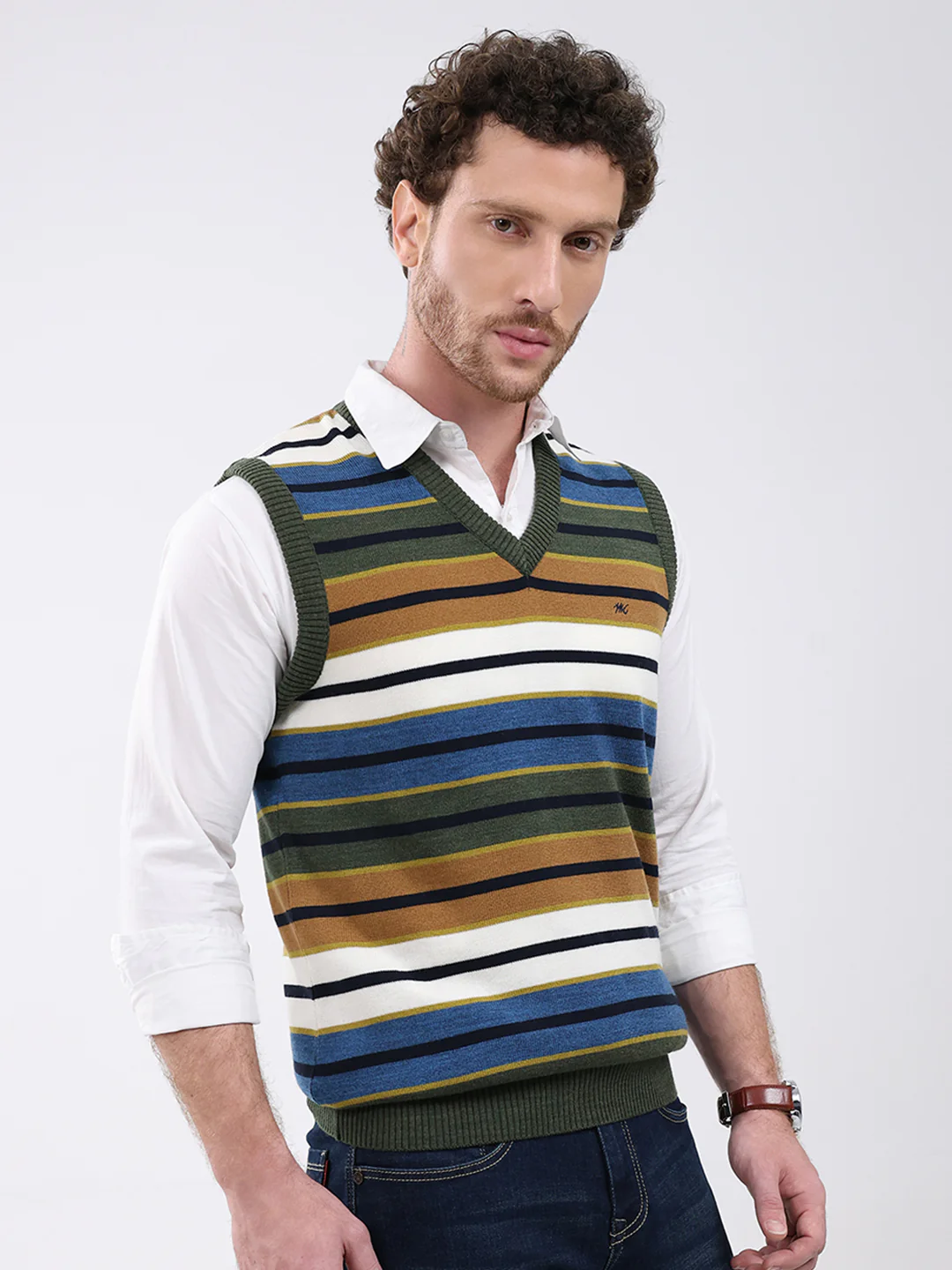 Men Green Stripe V Neck Sleeveless Sweater - Image 4