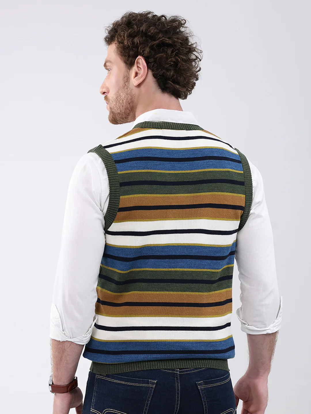 Men Green Stripe V Neck Sleeveless Sweater - Image 5