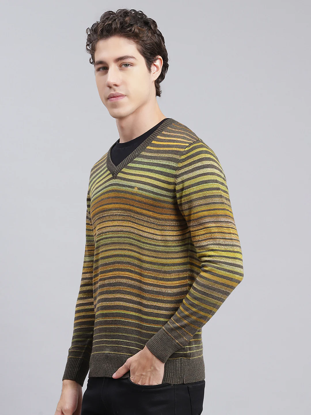 Men Green Stripe Wool blend Pullover - Image 3