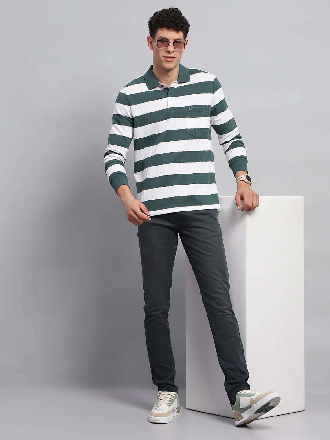 Men Green & White Stripe Collar Full Sleeve Winter T-Shirt - Image 2