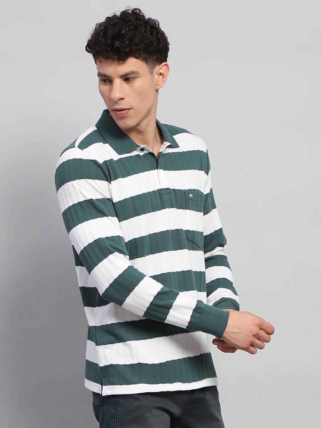 Men Green & White Stripe Collar Full Sleeve Winter T-Shirt - Image 4