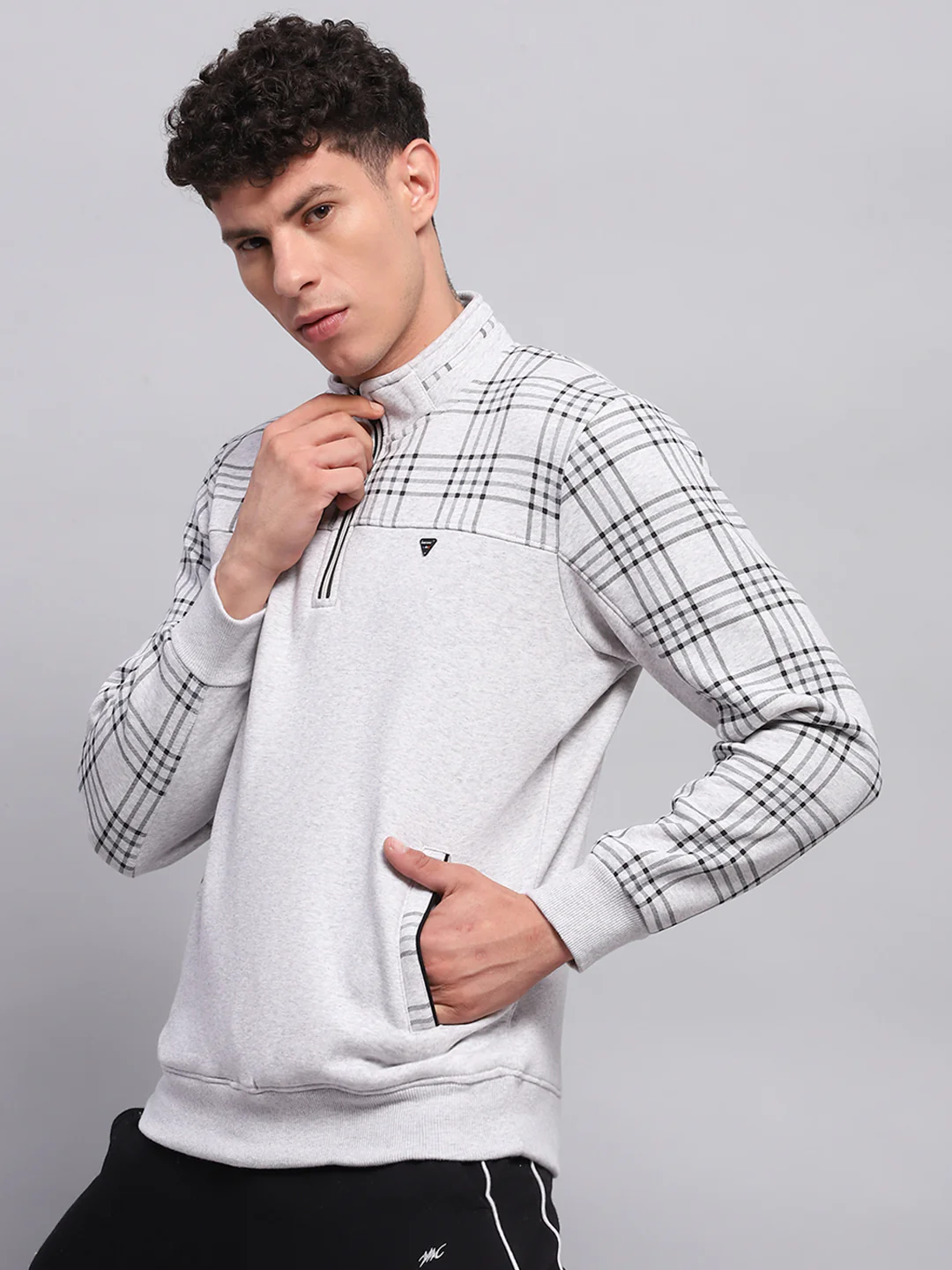 Men Grey & Black Self Design Mock Neck Full Sleeve Winter Tracksuit - Image 6