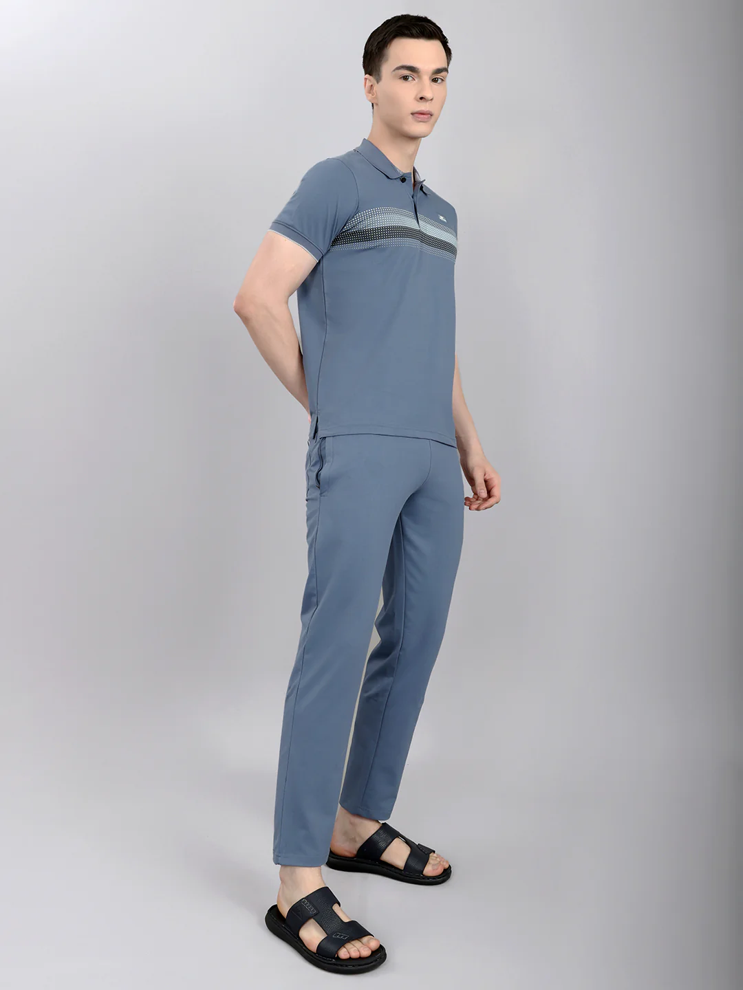 Men Grey & Blue Solid Round Neck Half Sleeve Lower Set - Image 3