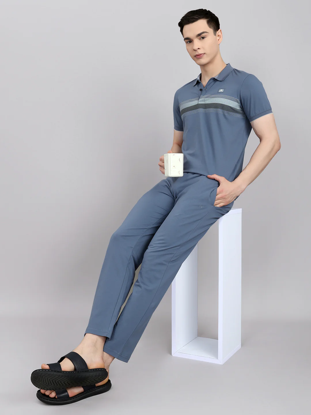 Men Grey & Blue Solid Round Neck Half Sleeve Lower Set - Image 6