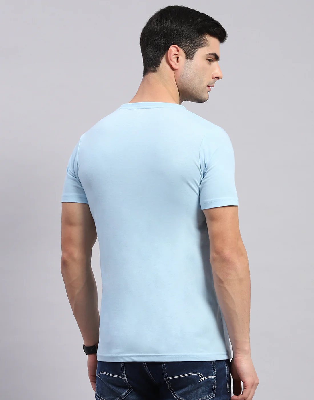 Men Grey & Blue Solid Round Neck Half Sleeve T-Shirt - Image 6