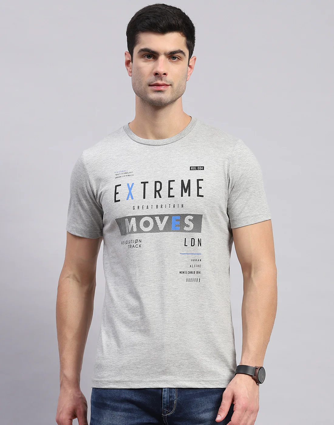 Men Grey & Blue Solid Round Neck Half Sleeve T-Shirt - Image 7