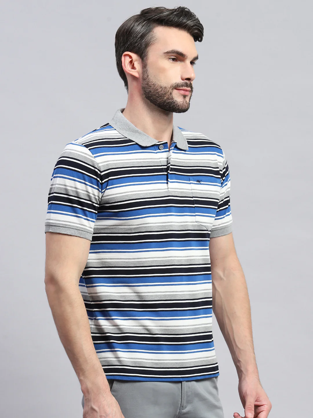Men Grey & Blue Stripe Collar Half Sleeve T-Shirt - Image 4
